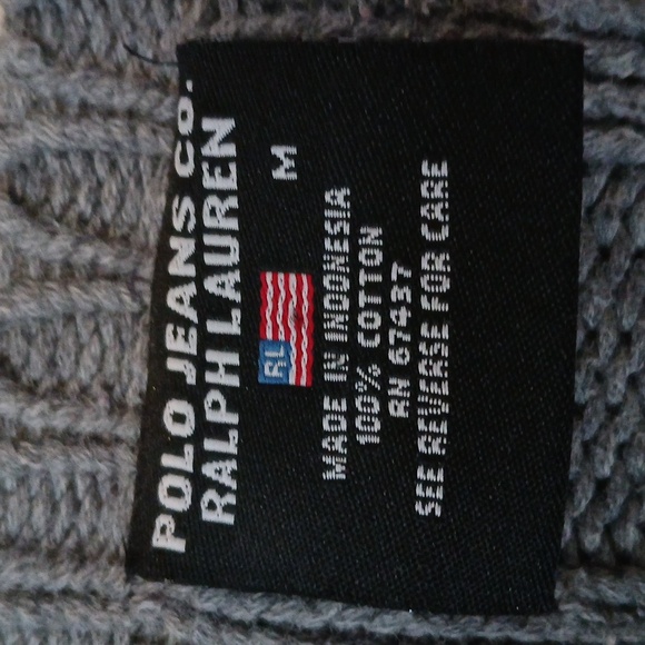 Vintage 90s Ralph Lauren Polo Jeans Thick Gray Ribbed Sweater With American Flag - Picture 3 of 5